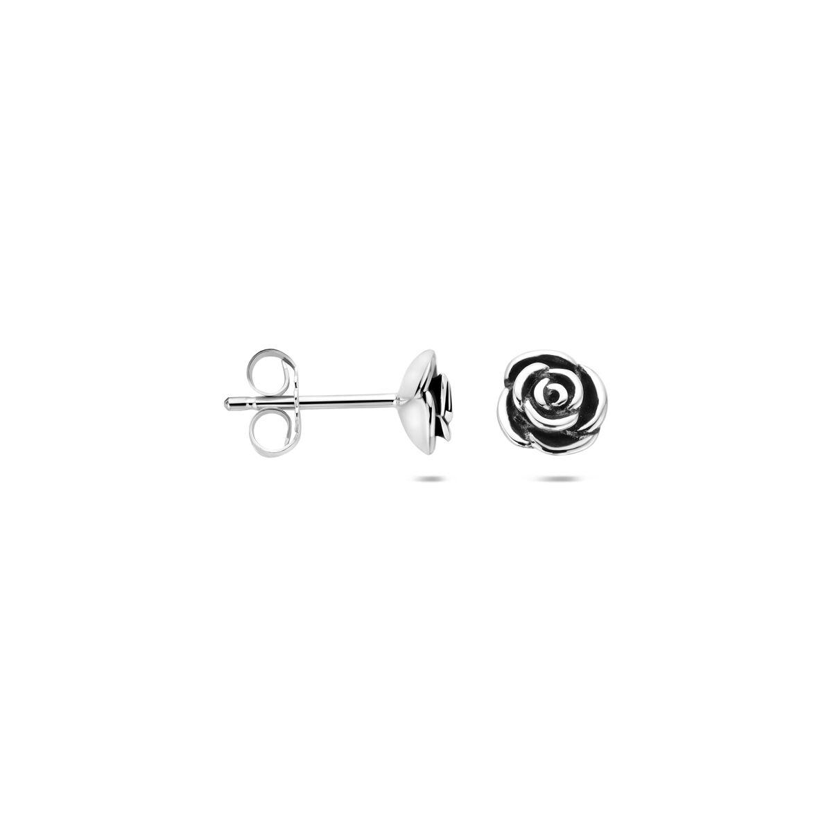 Pendientes de botón de plata con rosa – motivo floral oxidado