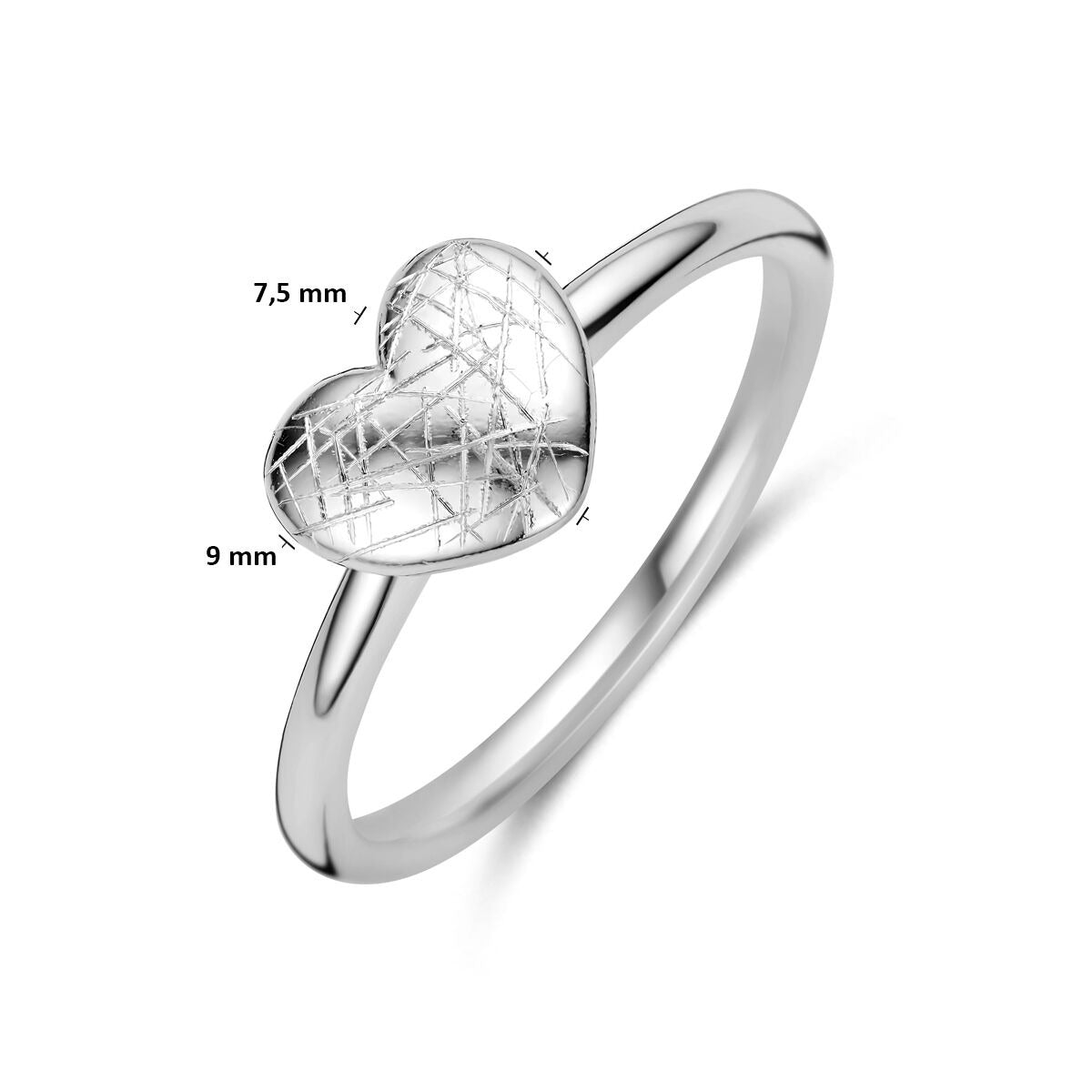 anillo corazón rayado en plata rodiada