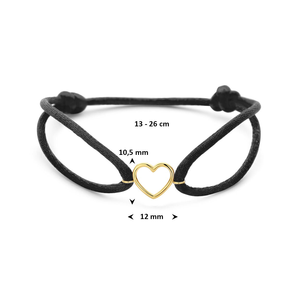 Pulsera de mujer de satén con corazón de oro amarillo de 14k – Regalo de amor en negro y oro