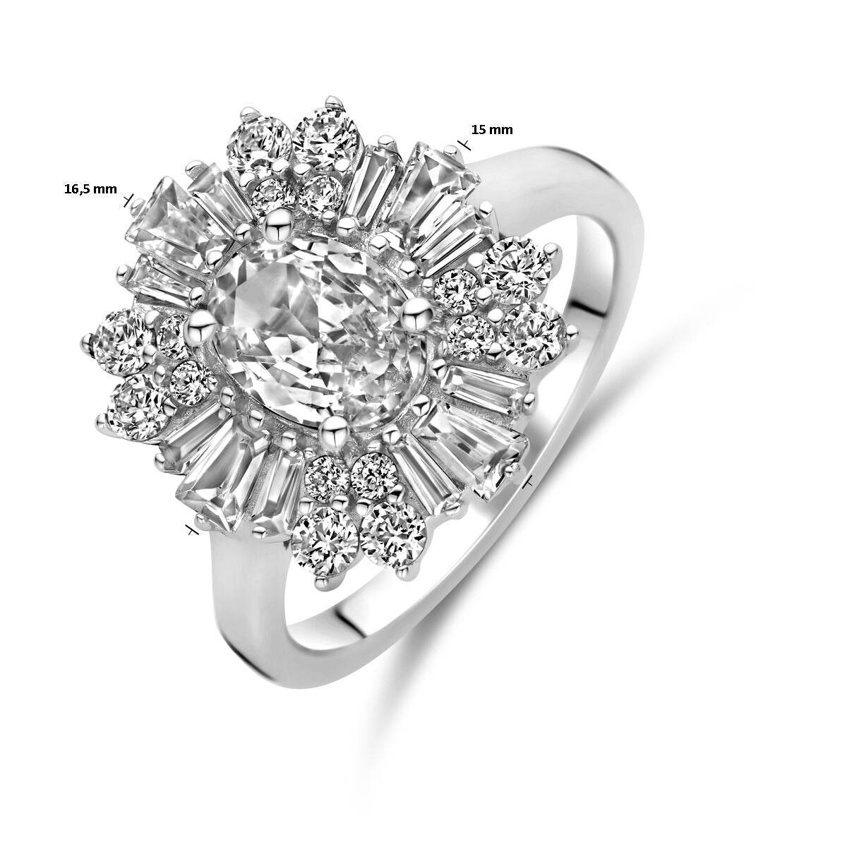 Anillo de mujer de plata con zirconia ovalada - plata rodiada, 14,5 mm de ancho