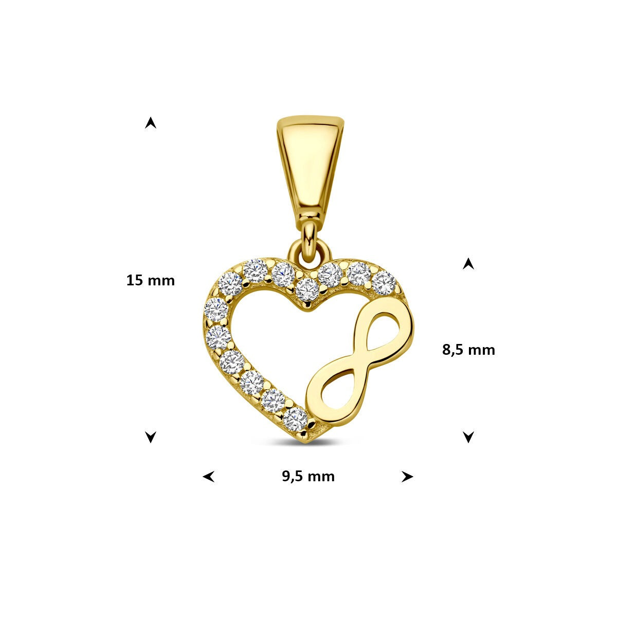 colgante de oro amarillo en forma de corazón con infinito y circonitas