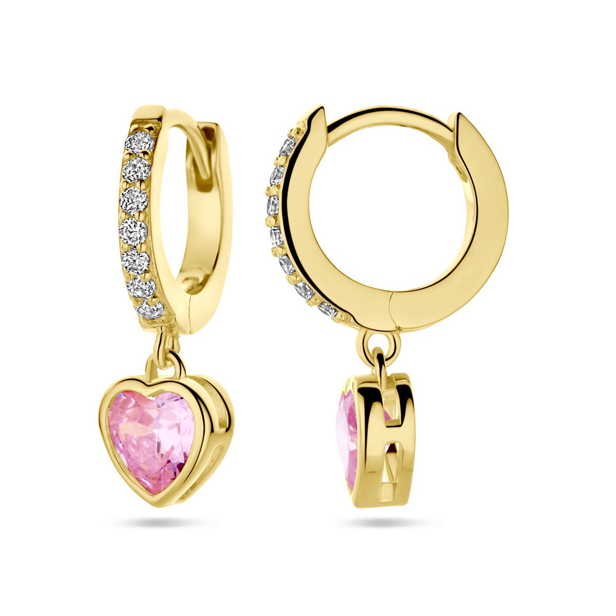 Aros chapados en oro con corazón rosa de circonita y acentos blancos