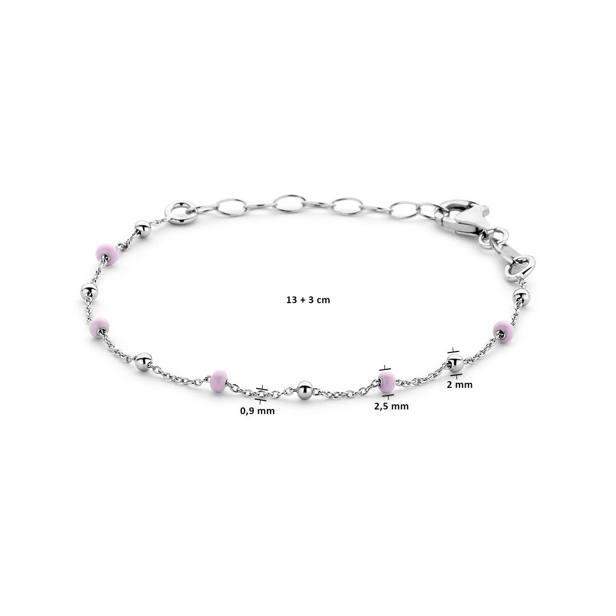 Pulsera infantil de plata rodiada con bolitas de esmalte rosa