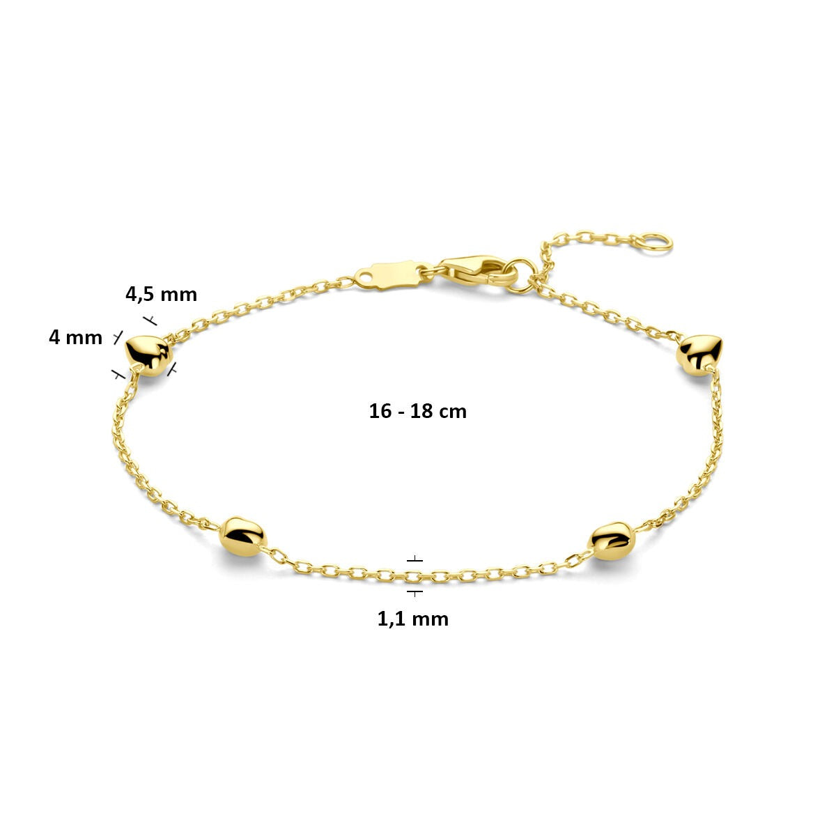 pulsera de oro amarillo con corazones