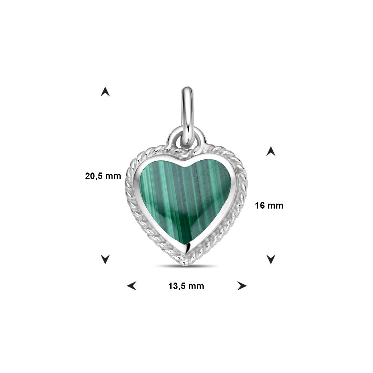 Colgante de plata rodiada con malaquita - Forma de corazón 20.5mm
