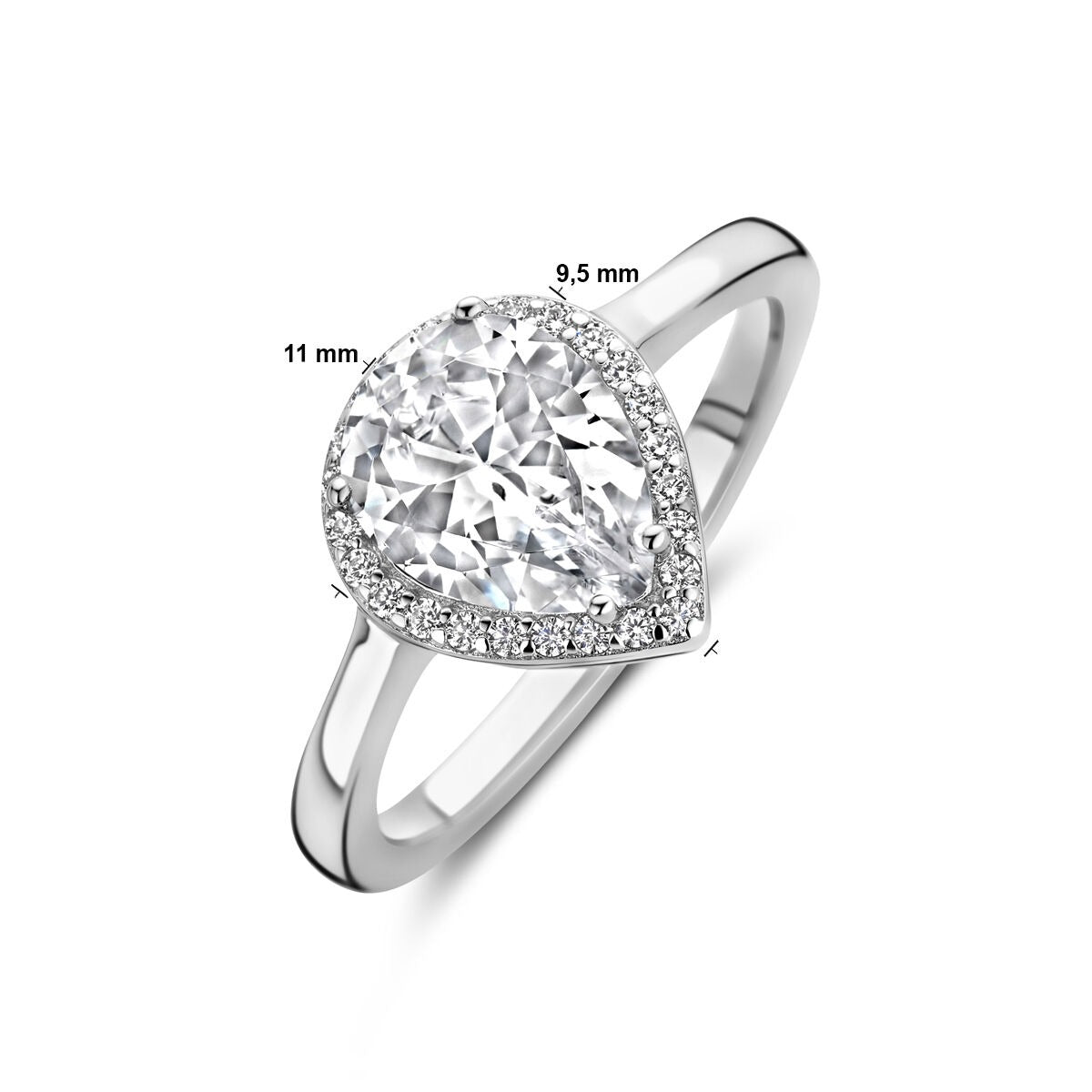 Anillo de plata rodiado con zirconia tallada en forma de pera - 11mm de ancho
