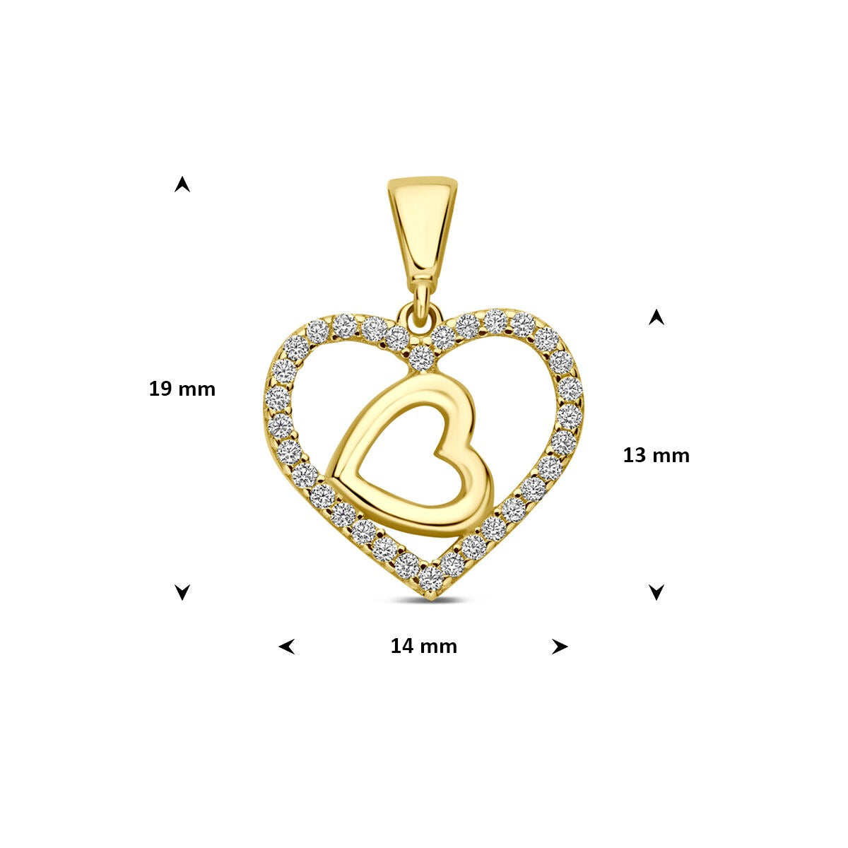Collar chapado en oro de 9k con colgante doble corazón de circonita