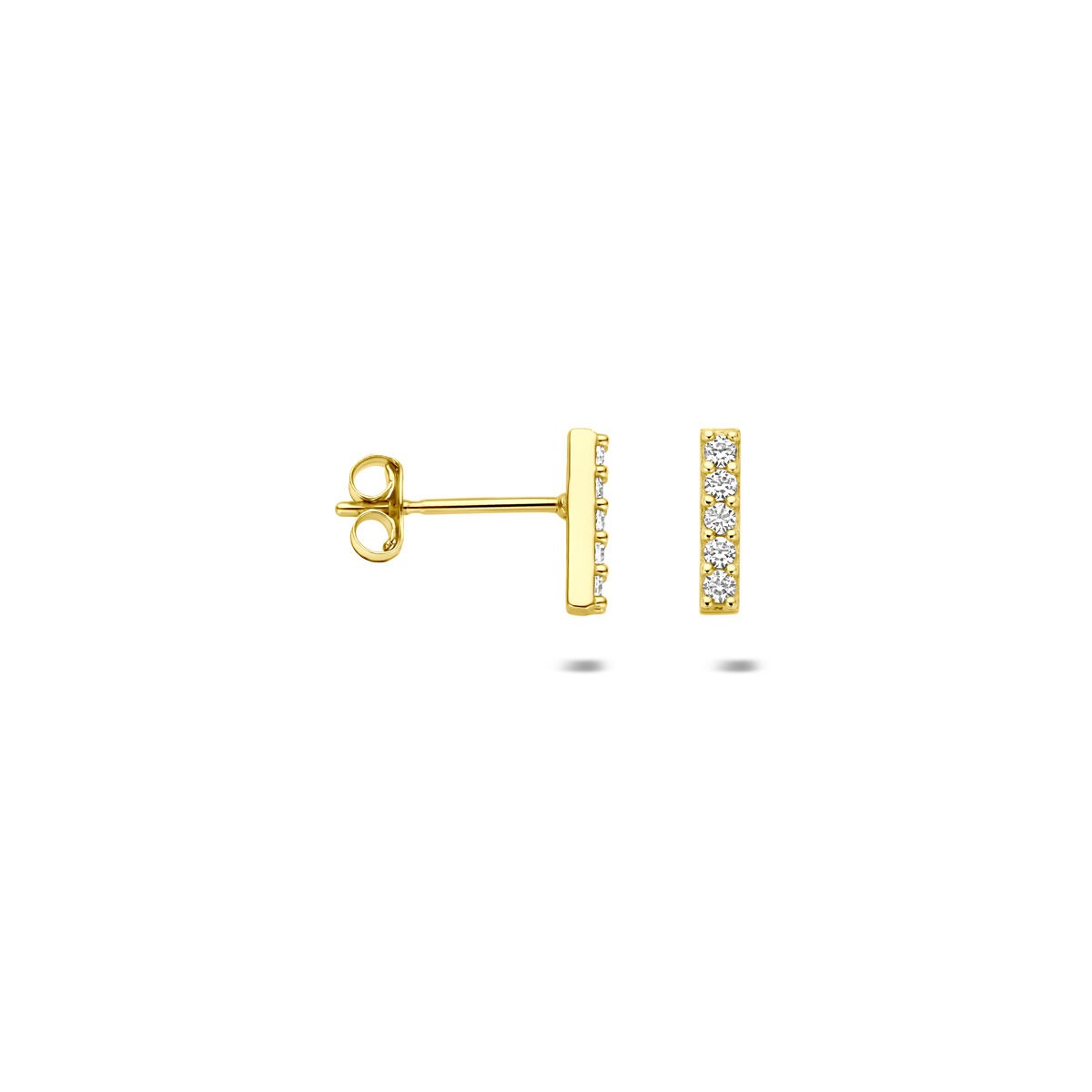 Pendientes de botón en oro amarillo con barra y circonitas – 14k