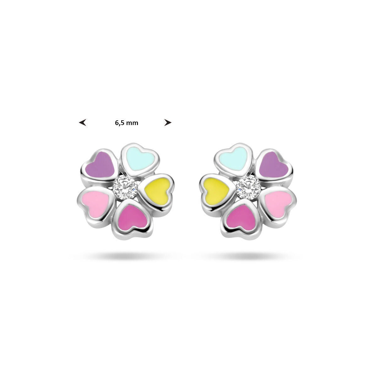 Pendientes de botón de plata rodiada con flor y circonitas