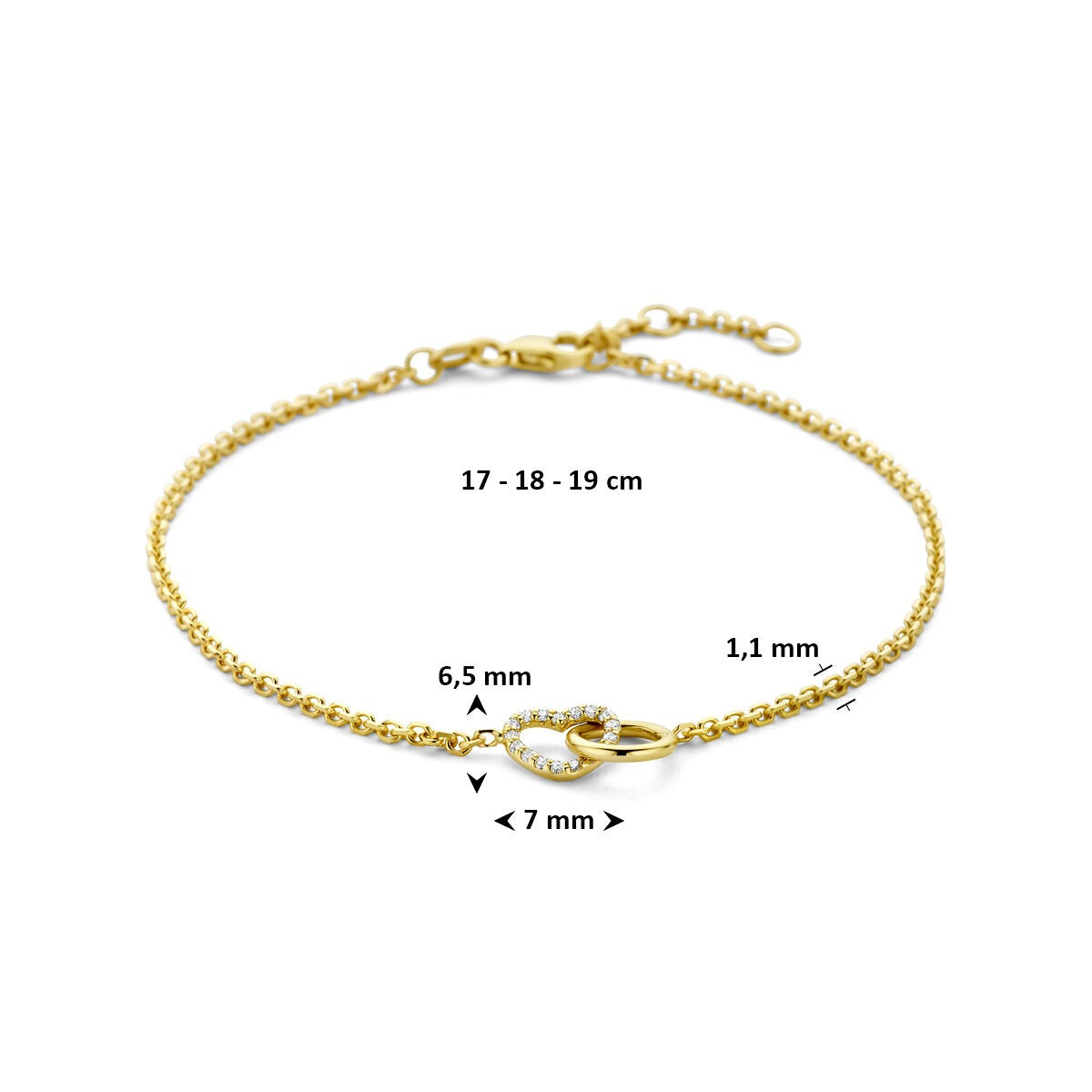 Pulsera de oro amarillo de 14k con círculo y corazón de diamante cultivado en laboratorio 0.09ct