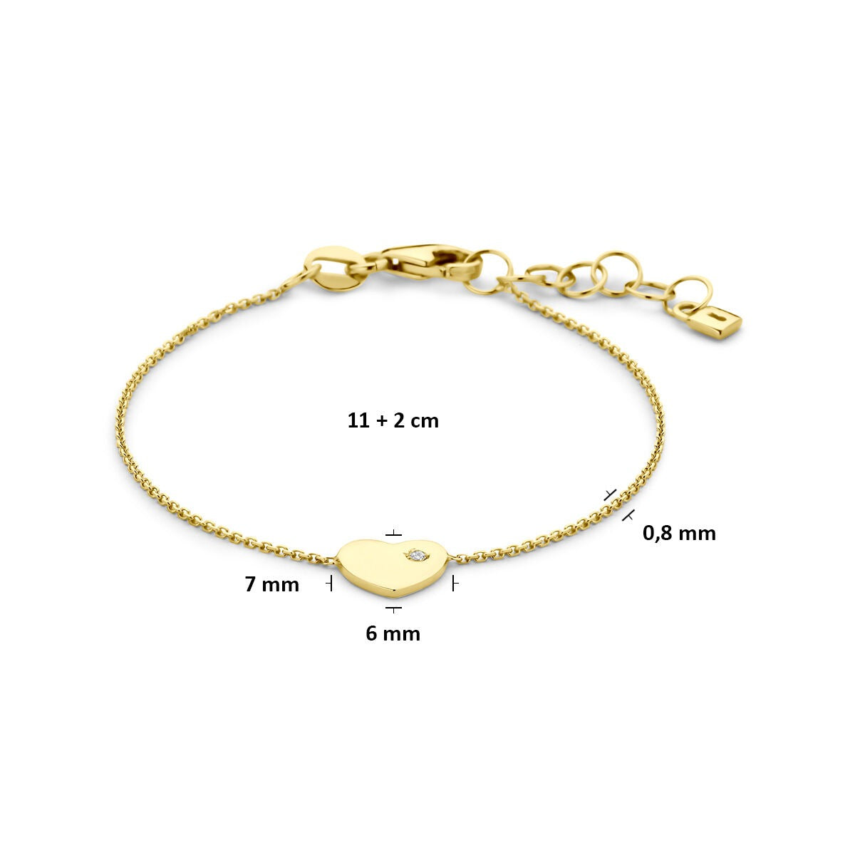 Pulsera infantil de oro amarillo con corazón y circonitas