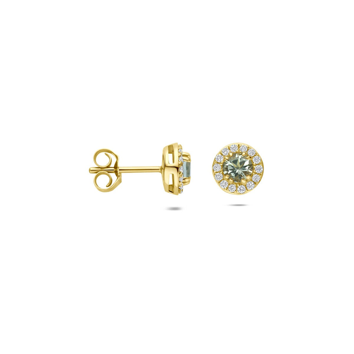 Pendientes de botón de oro amarillo con amatista verde y diamante cultivado en laboratorio