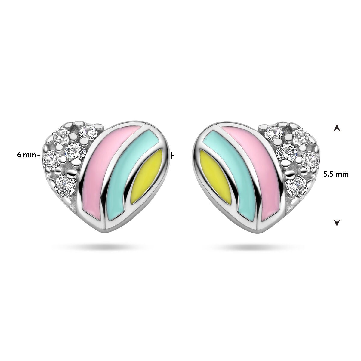Pendientes de botón de plata rodiada en forma de corazón con circonitas