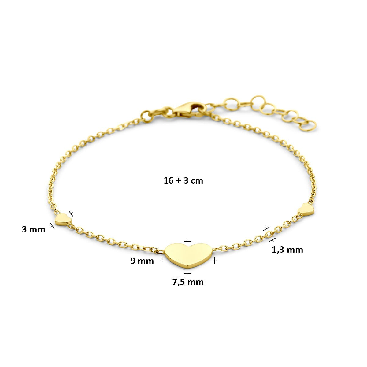 Pulsera de oro amarillo con corazones