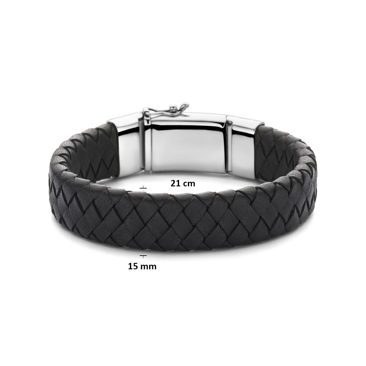 Pulsera de hombre de cuero negra con plata rodiada – 21 cm
