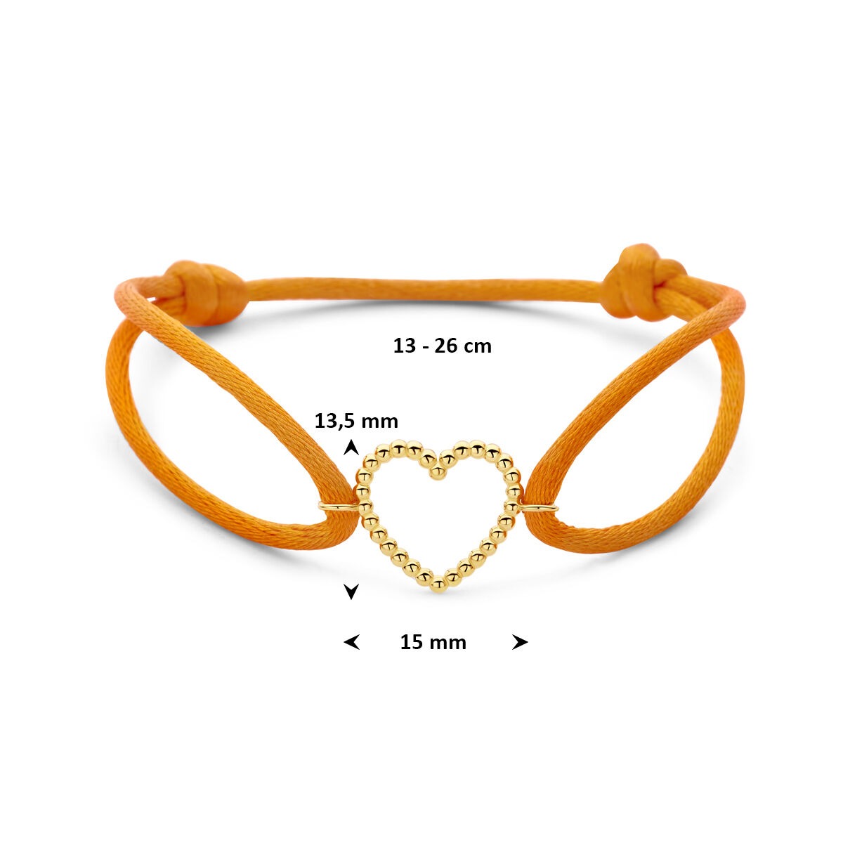 Pulsera de satén naranja de mujer con corazón de oro amarillo de 14k – Un cálido gesto de amor