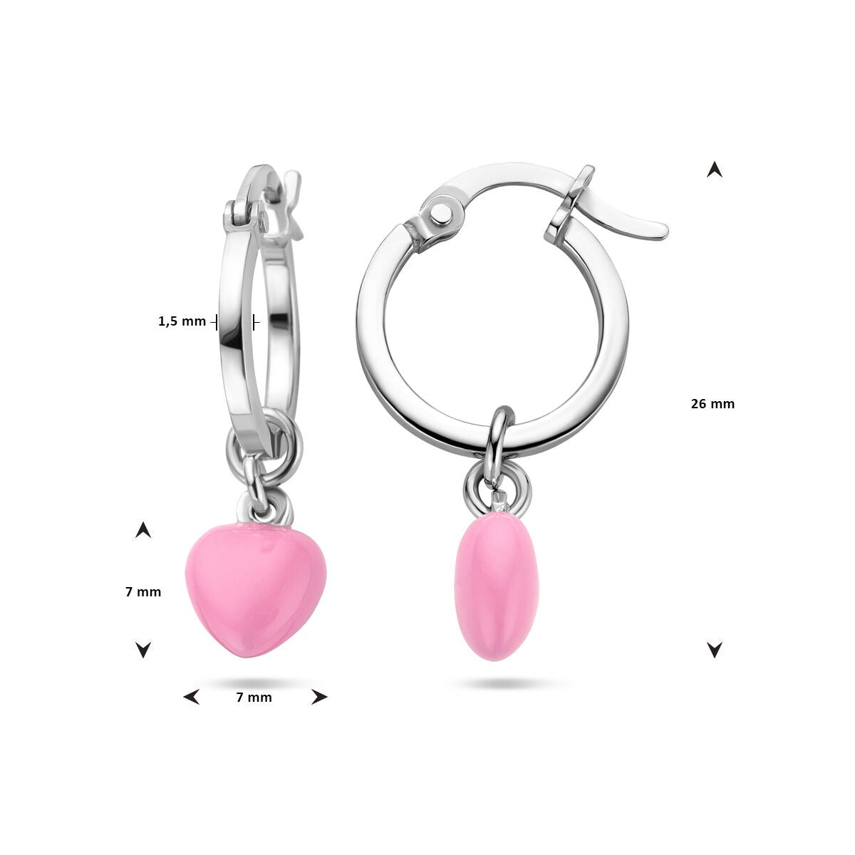 Aros infantiles de plata - rodiados con corazón de esmalte rosa