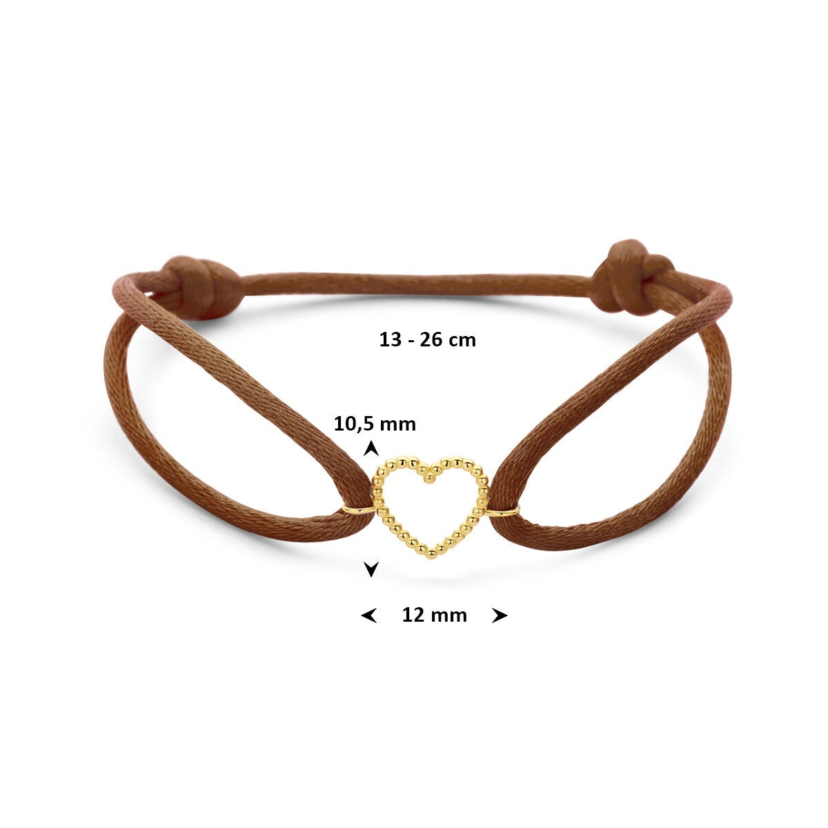 Pulsera de satén marrón de mujer con corazón de oro amarillo de 14k – Símbolo refinado del amor