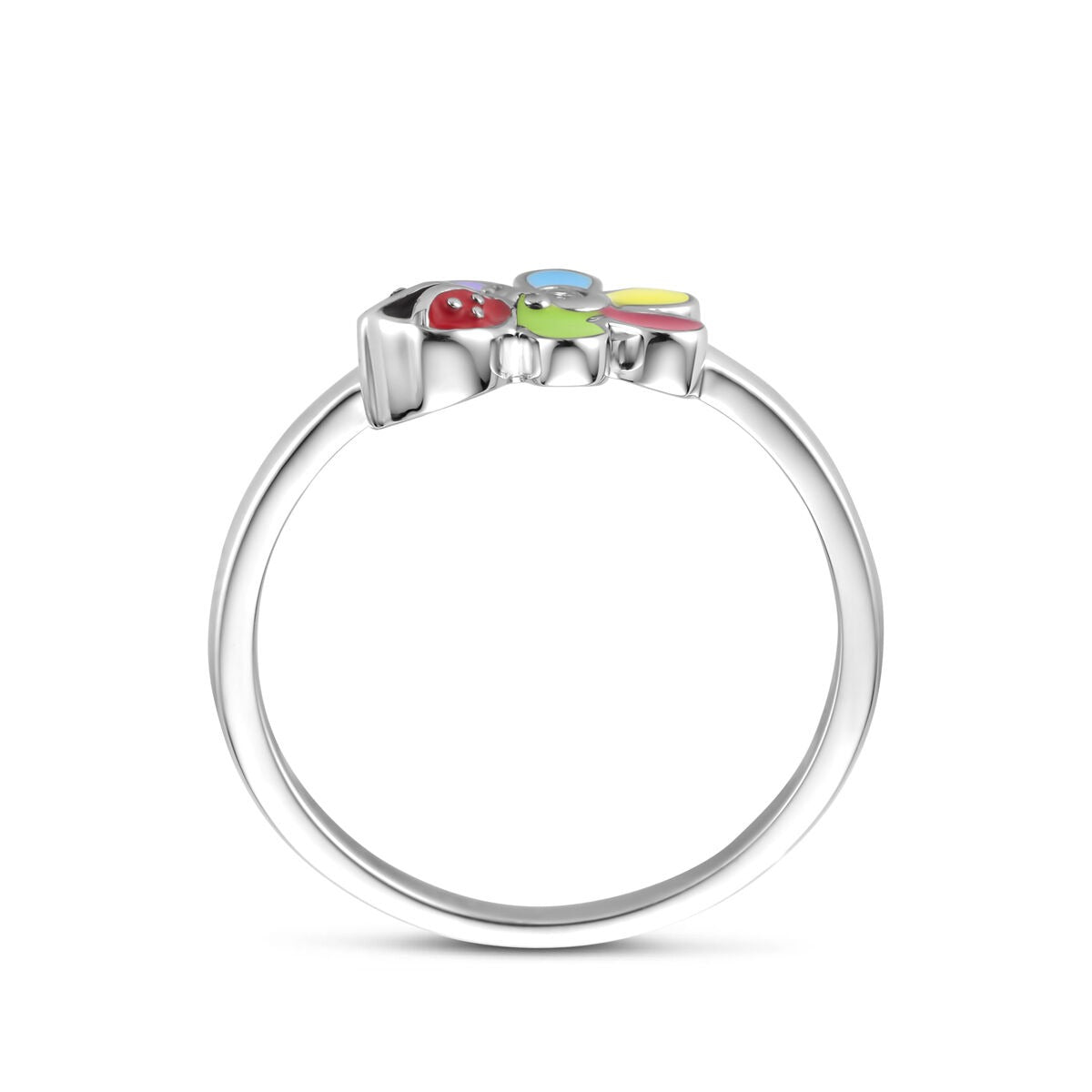 Anillo infantil de plata con circonita, flor y mariquita