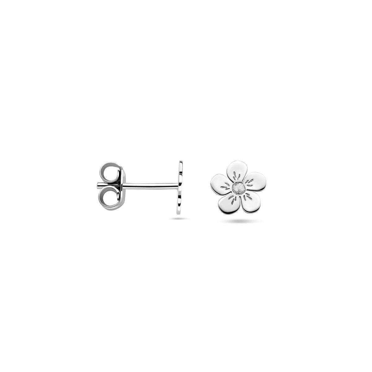 Pendientes infantiles de plata rodiada en forma de flor