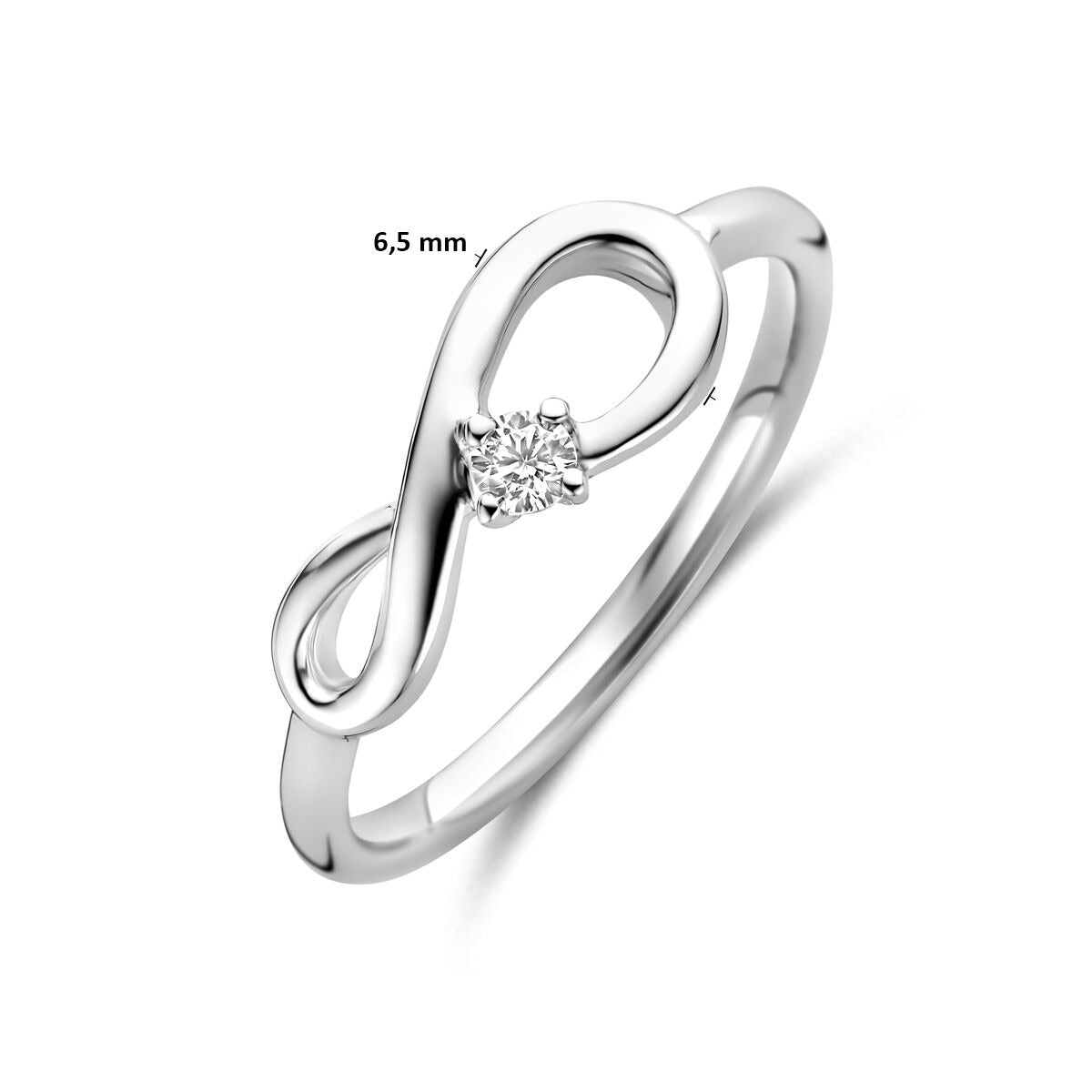 Anillo de mujer de plata rodiada con símbolo de infinito y circonitas – 6,5 mm de ancho