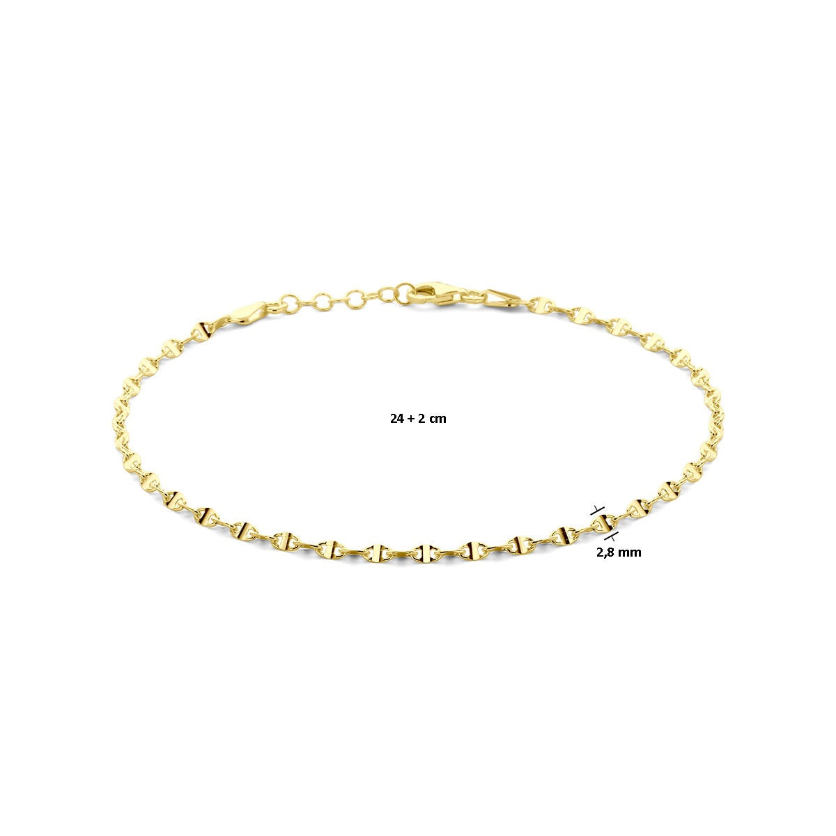 Pulsera chapada en oro con eslabón de grano de café – 24 a 26 cm, 2,8 mm de ancho