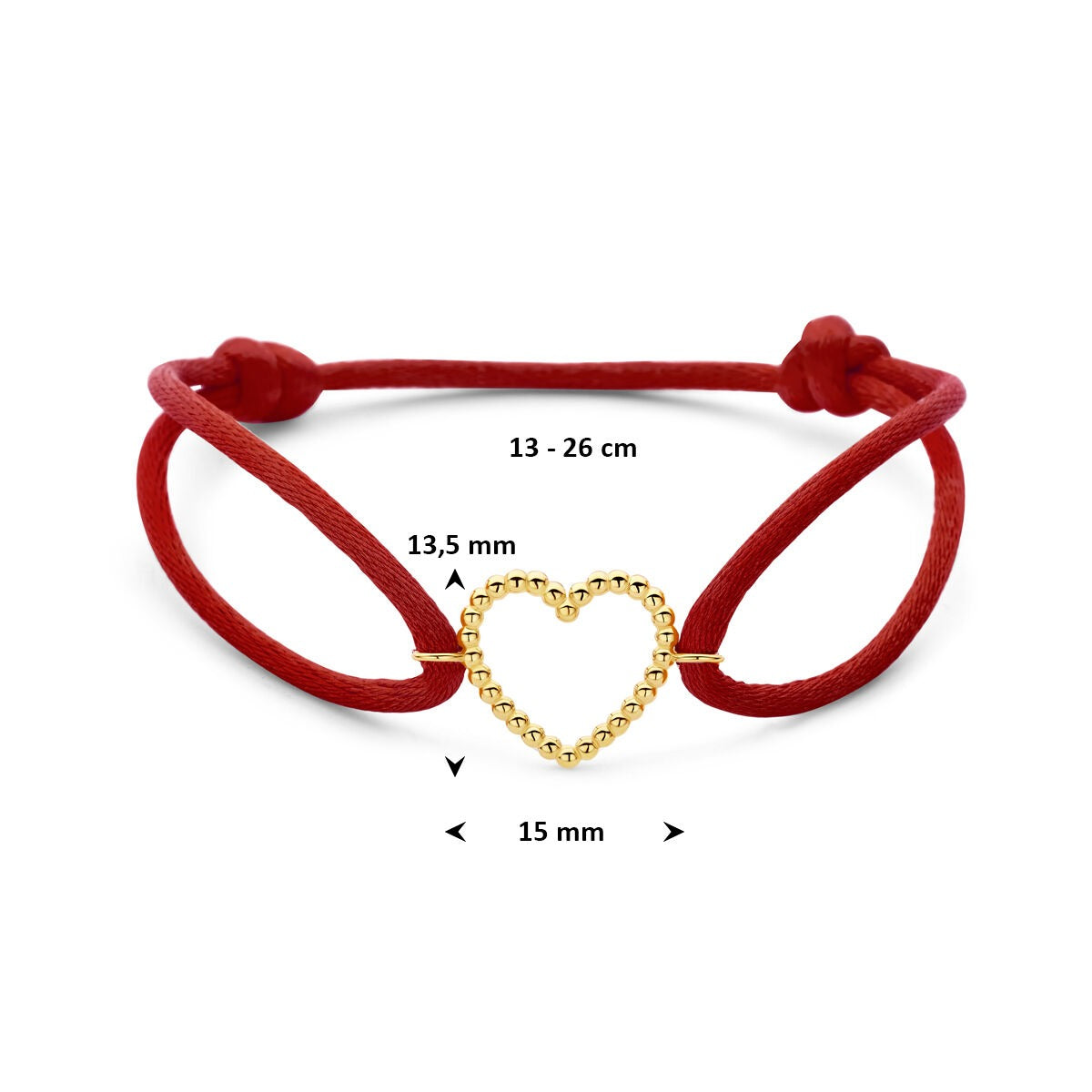 Pulsera de satén rojo con corazón de oro de 14k