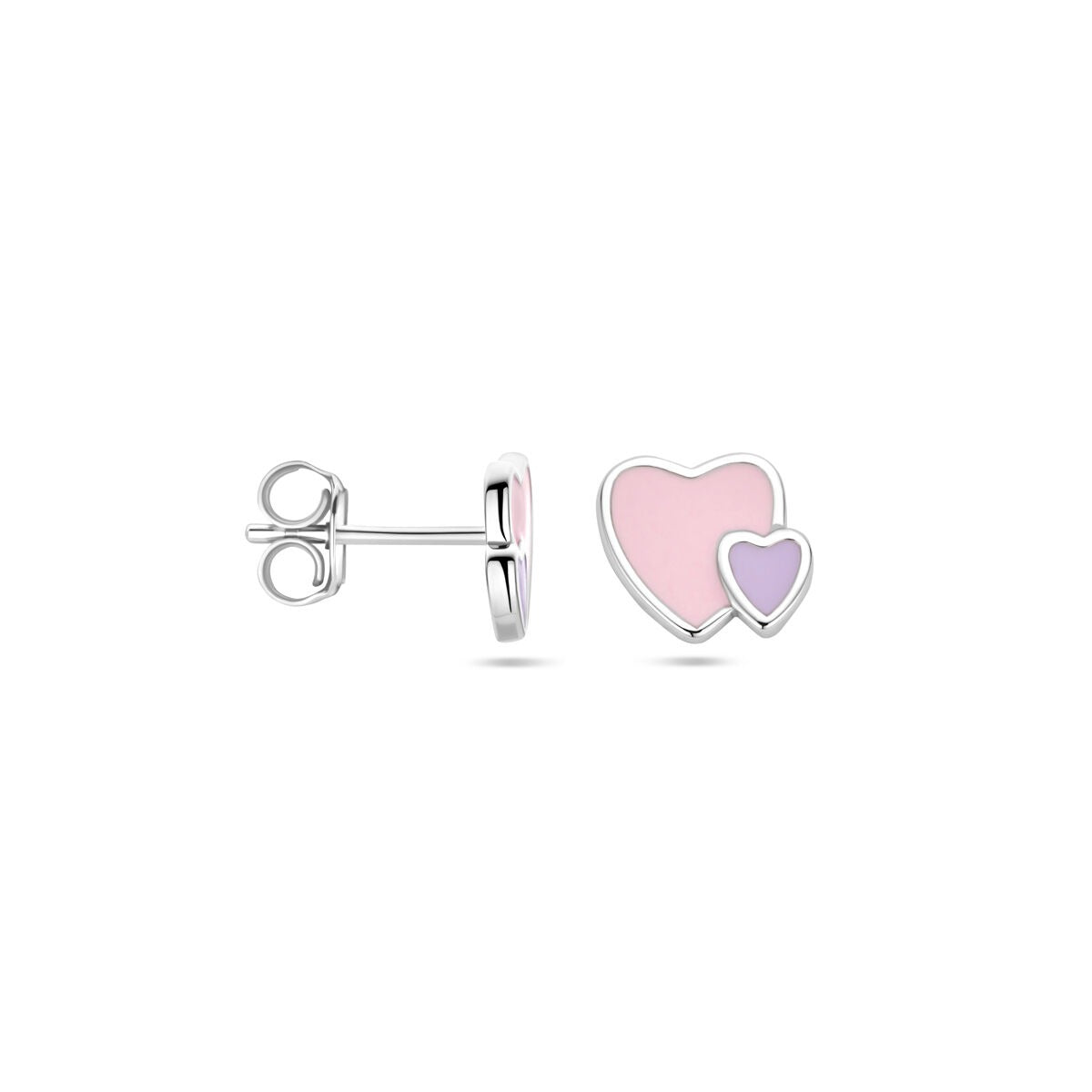 Pendientes infantiles de plata – corazones con esmalte rosa y morado