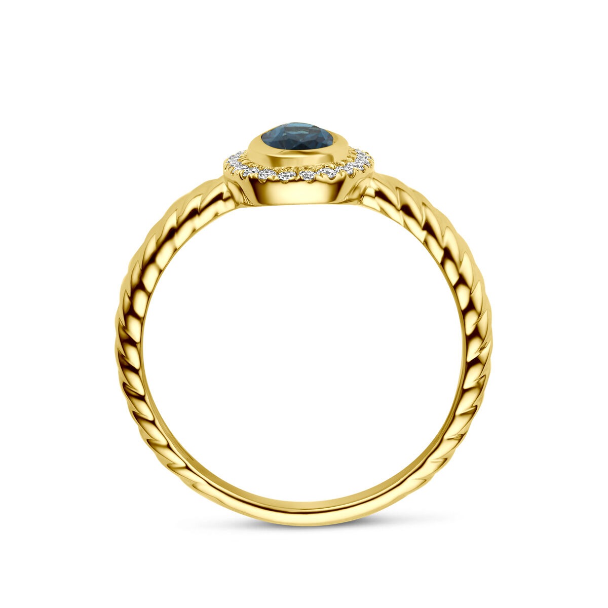 Anillo de oro amarillo de 14k con topacio azul de Londres y diamante cultivado en laboratorio