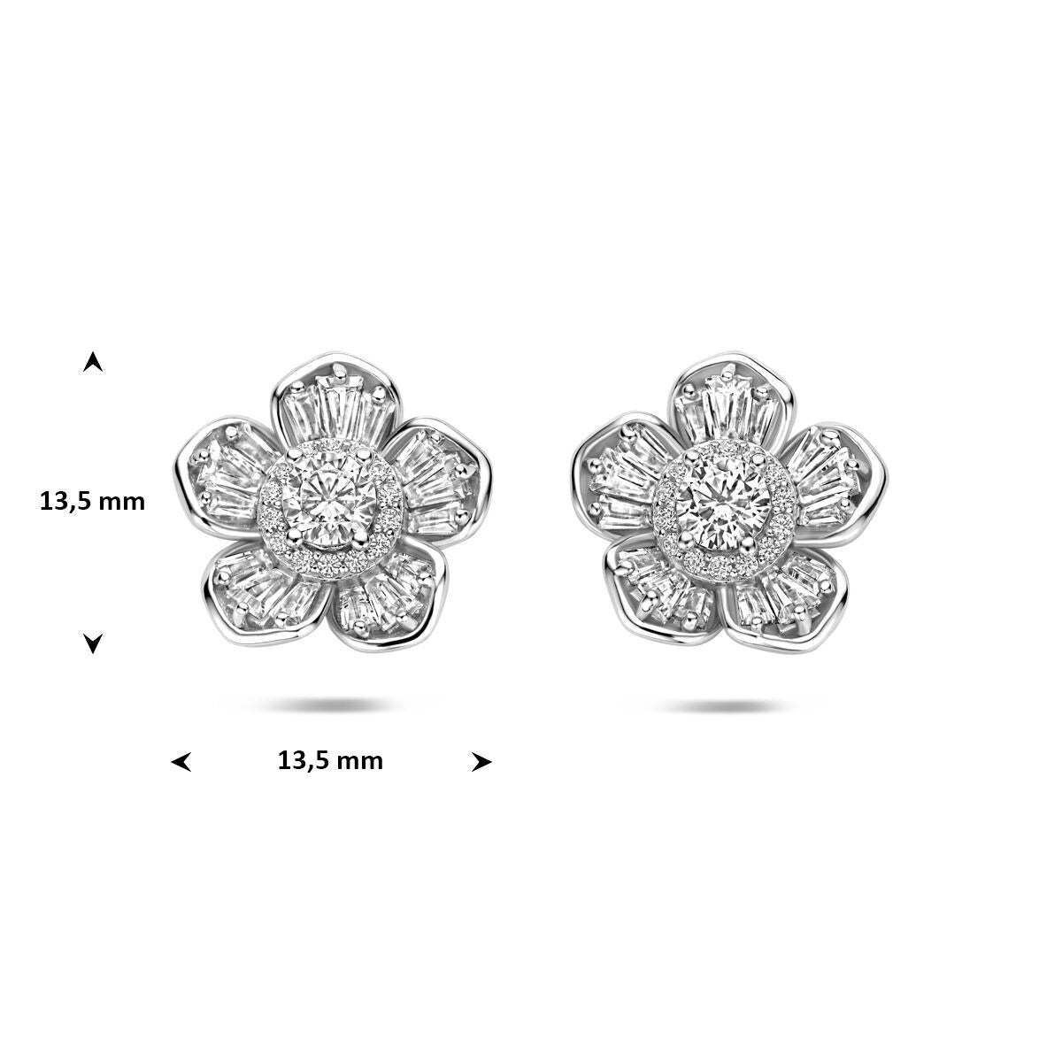 Pendientes de botón de plata rodiada con flor y circonitas