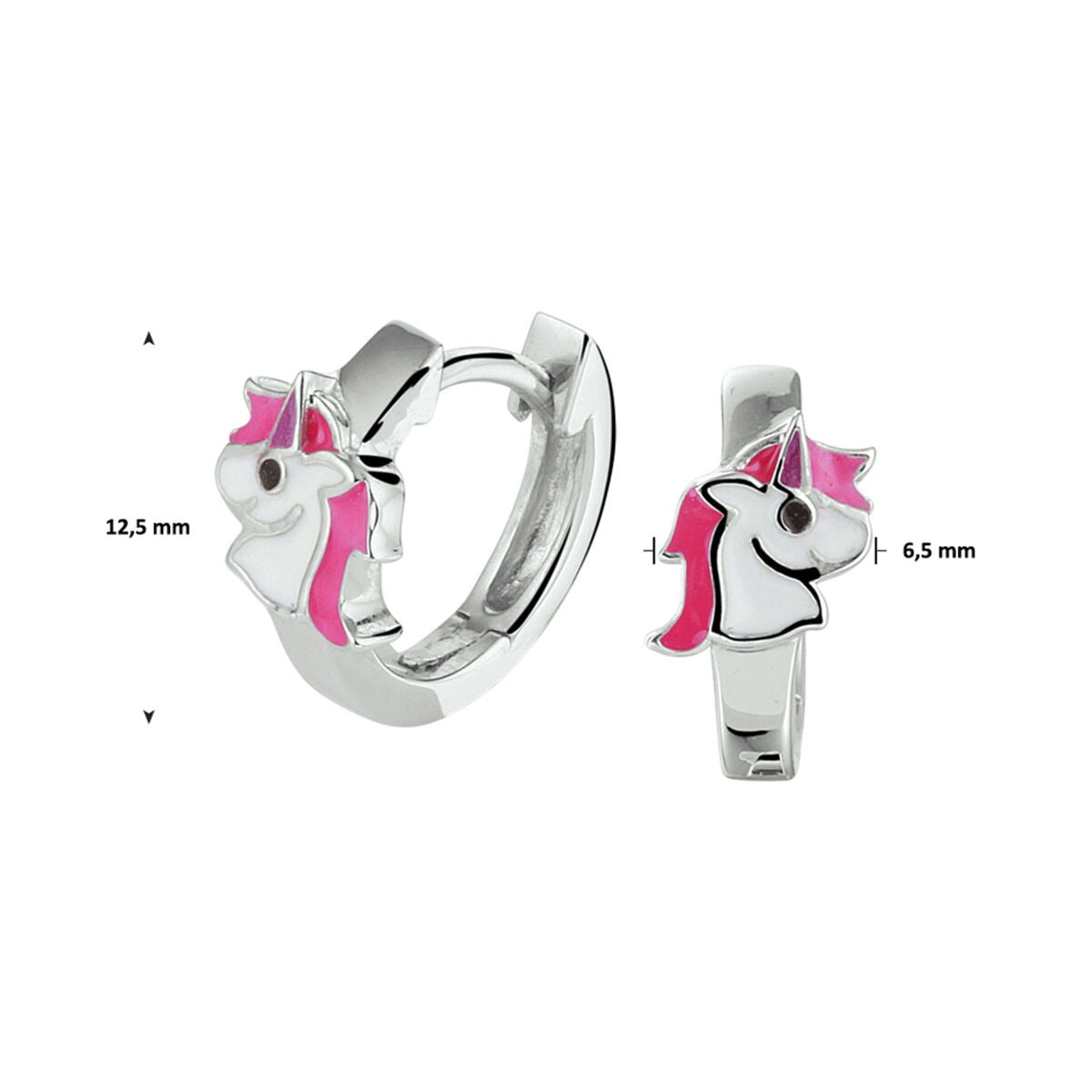 Pendientes infantiles de plata rodiada con unicornio en esmalte