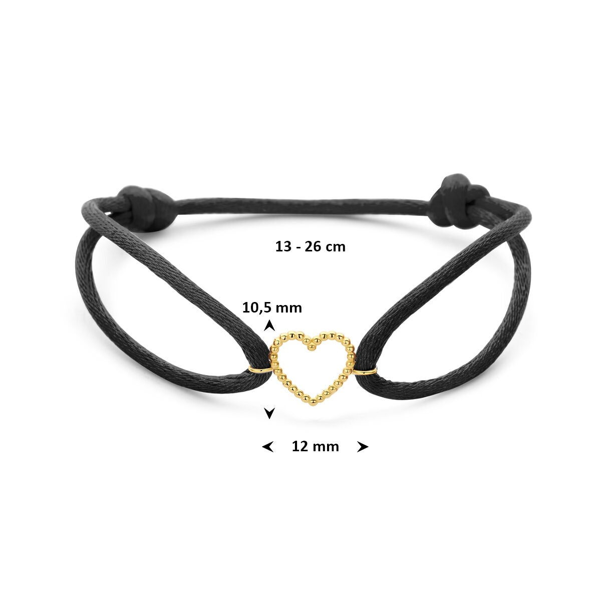 Pulsera de satén negro con corazón de oro de 14k