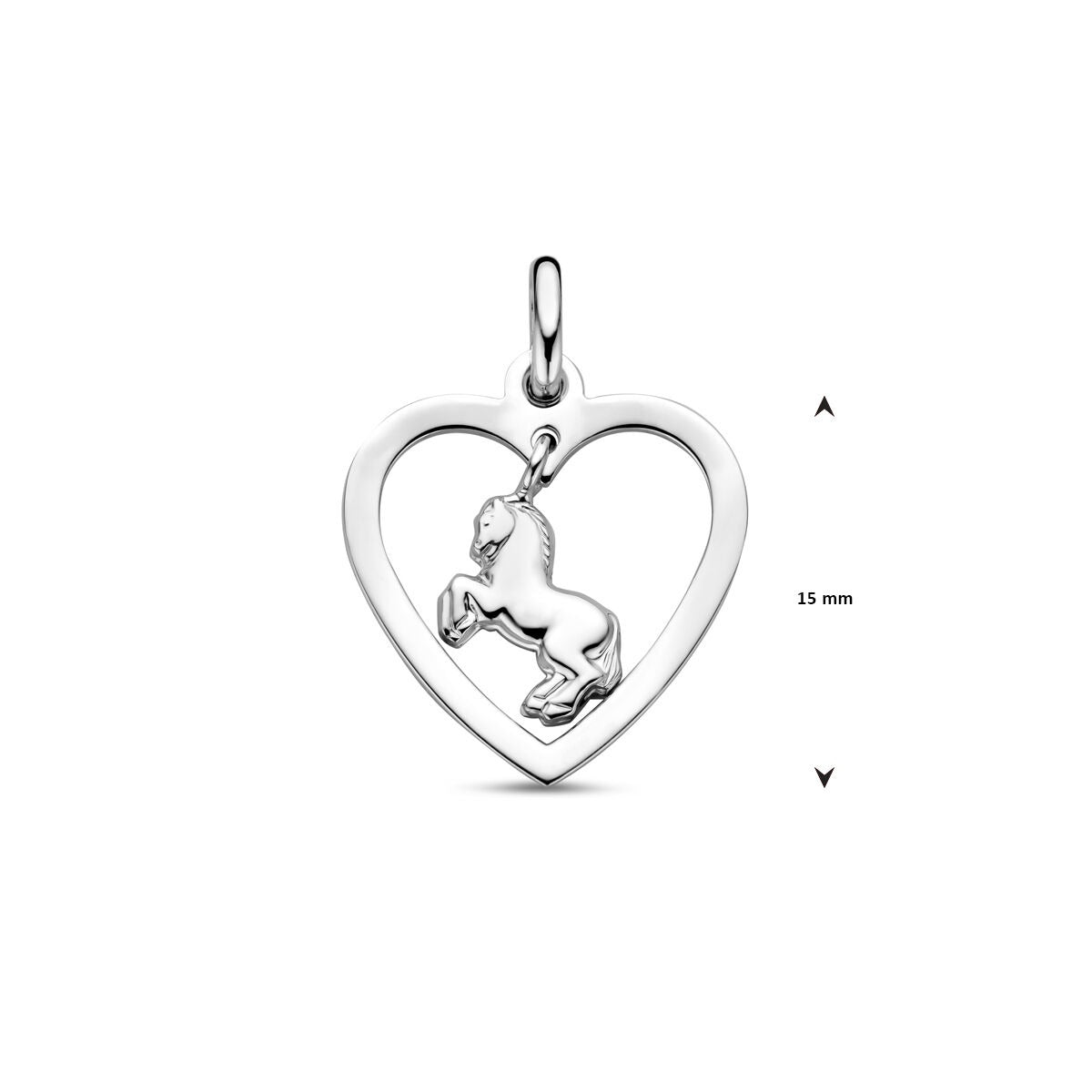 Colgante infantil de corazón con caballo - rodiado en plata 925, 20 mm de alto