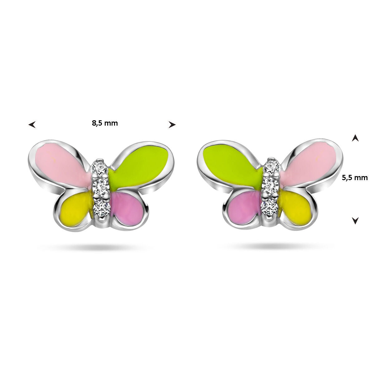 Pendientes de botón de plata rodiada con mariposa y circonitas