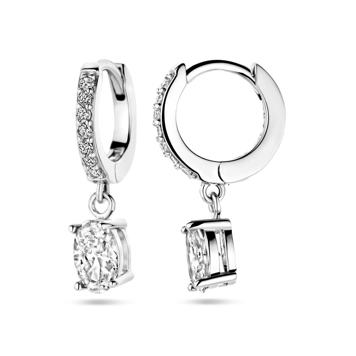 Aros de plata rodiada con zirconia ovalada en engaste de entorno