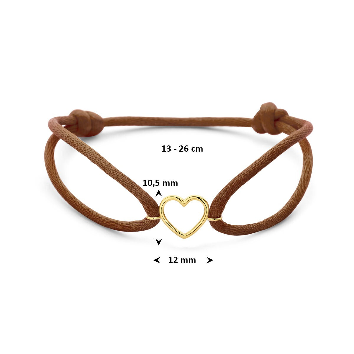 Pulsera de satén marrón de mujer con corazón de oro amarillo de 14k – Símbolo de amor sutil en tonos cálidos