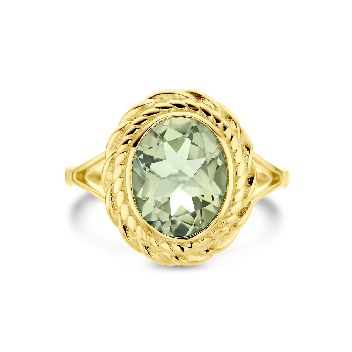 Anillo de oro 14k con amatista verde – engaste de entourage