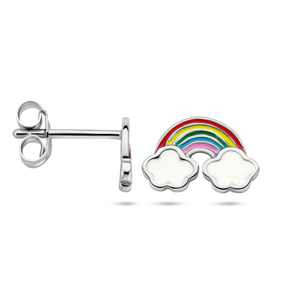 Pendientes de botón de plata rodiada con arcoíris y nubes