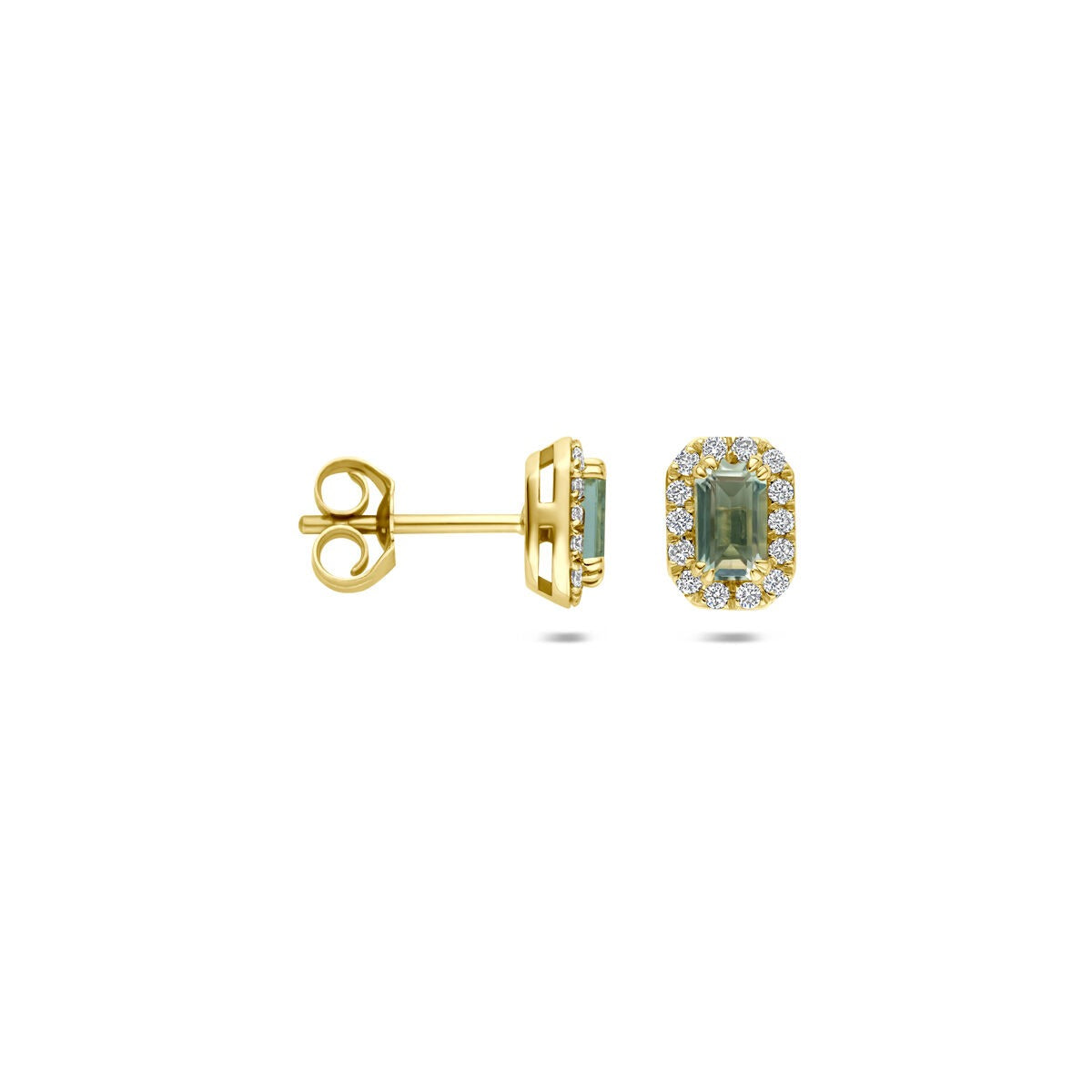 Pendientes de botón de oro amarillo con amatista verde y diamante cultivado en laboratorio