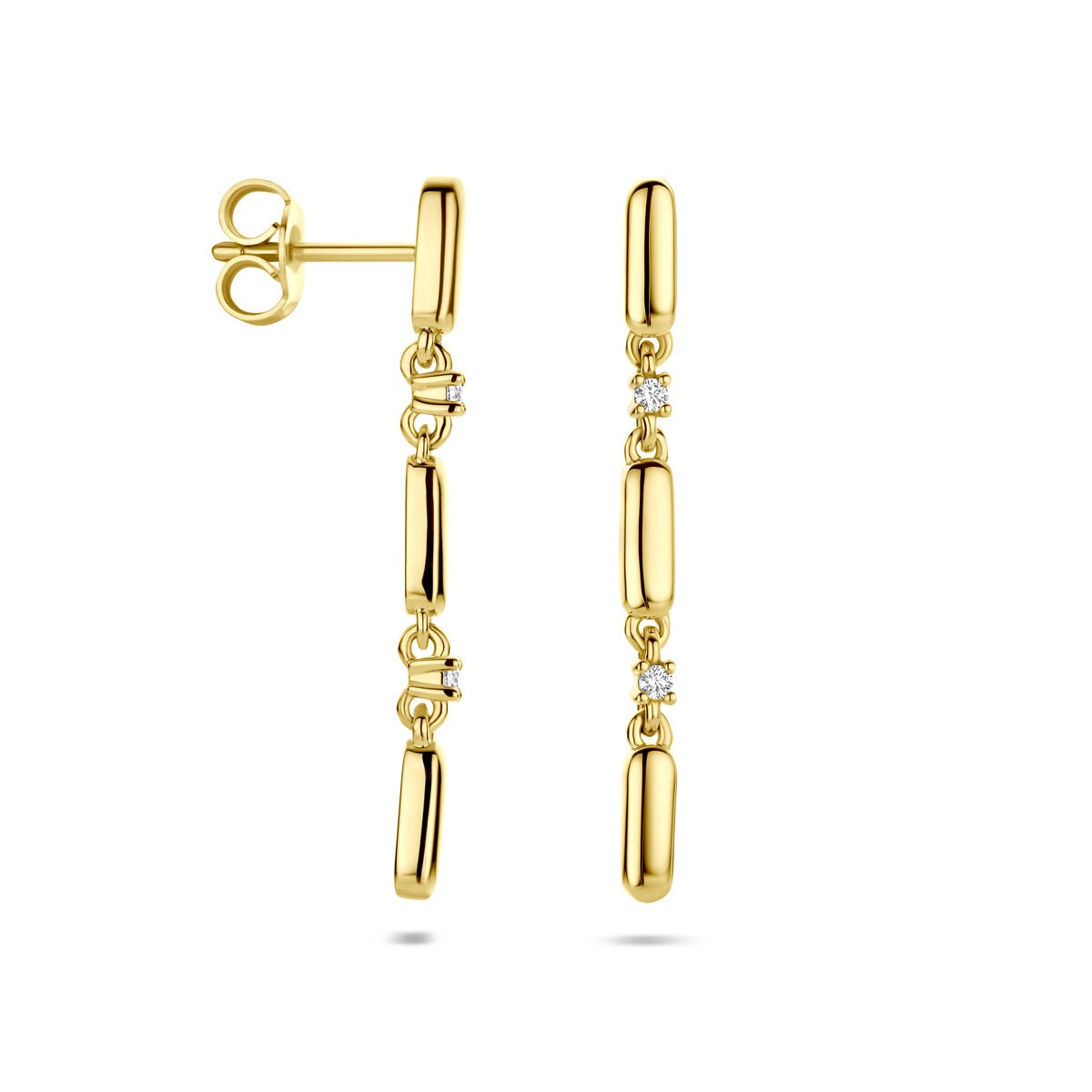 Pendientes de oro con diamante – 14k oro amarillo, 0.06ct talla brillante (2x 0.03ct) h si 32 mm