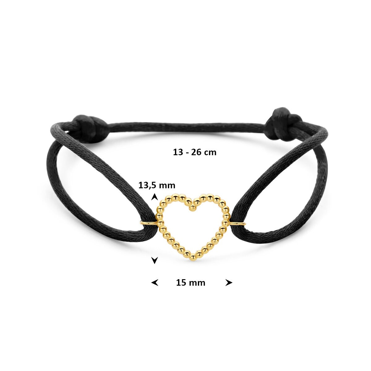 Pulsera de satén negro con corazón de oro de 14k