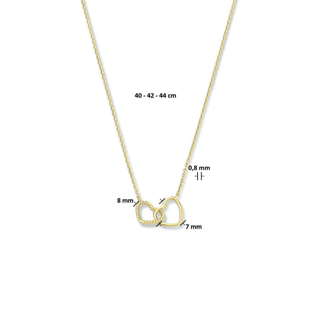 9k Geelgouden dames ketting met dubbele hartjes