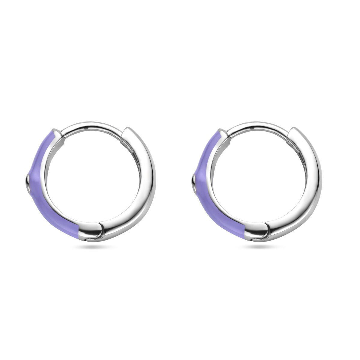 Pendientes de aro plateados con esmalte morado y circonitas, de 15 mm.