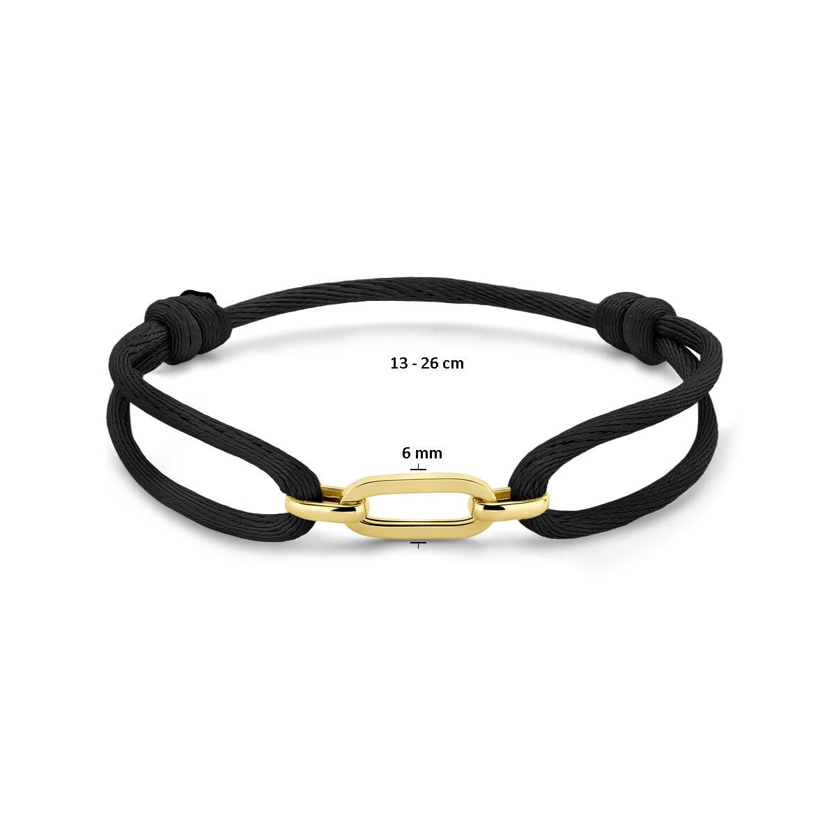 Pulsera de mujer trenzada negra con eslabón de oro amarillo de 14k – ajustable 13-26 cm