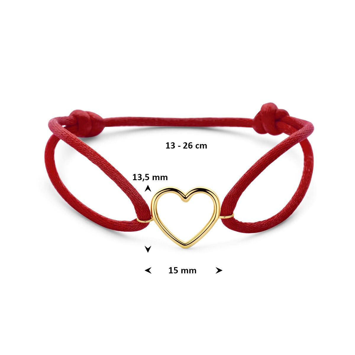 Pulsera de satén rojo de mujer con corazón de oro amarillo de 14k – Declaración de amor en cálido rojo y oro