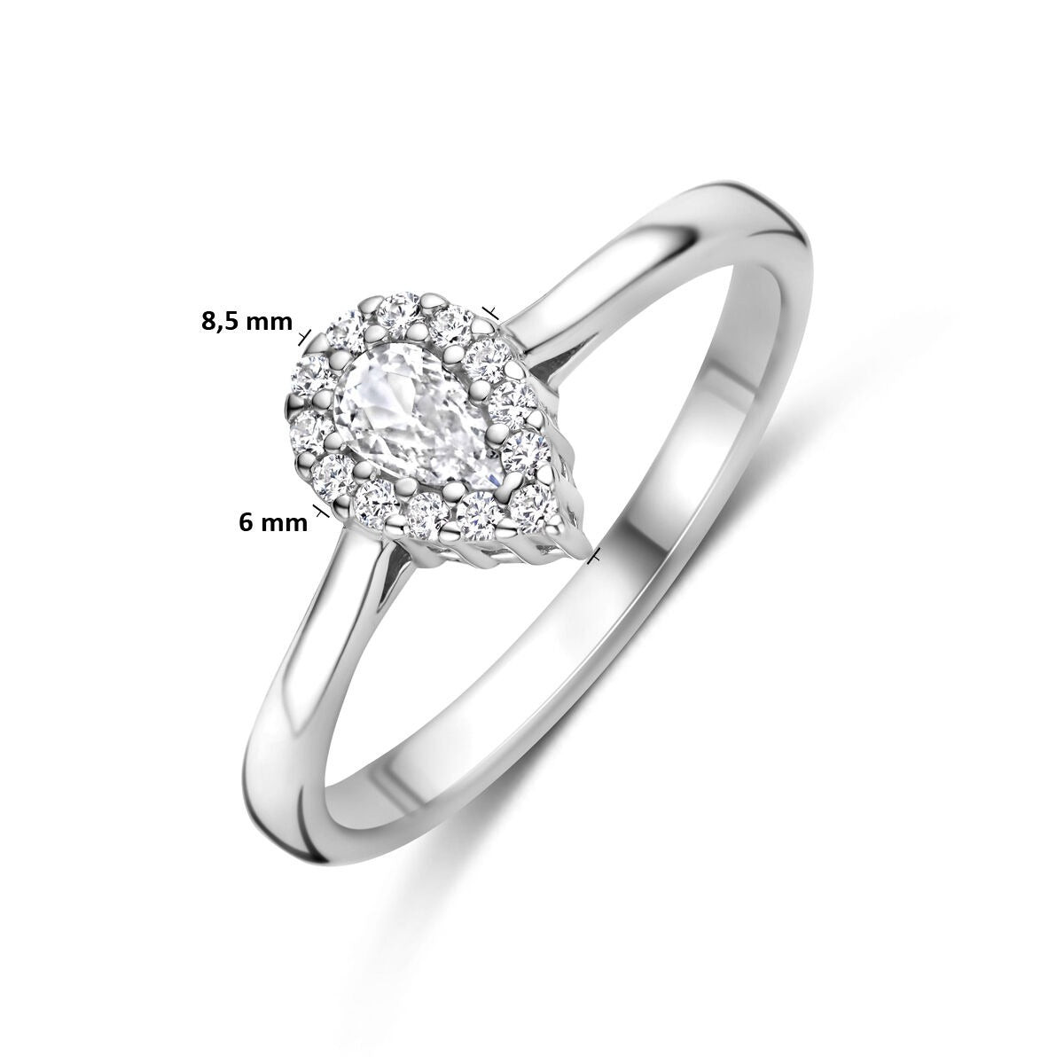 Anillo de mujer de plata con circonita tallada en forma de pera y engaste de entorno