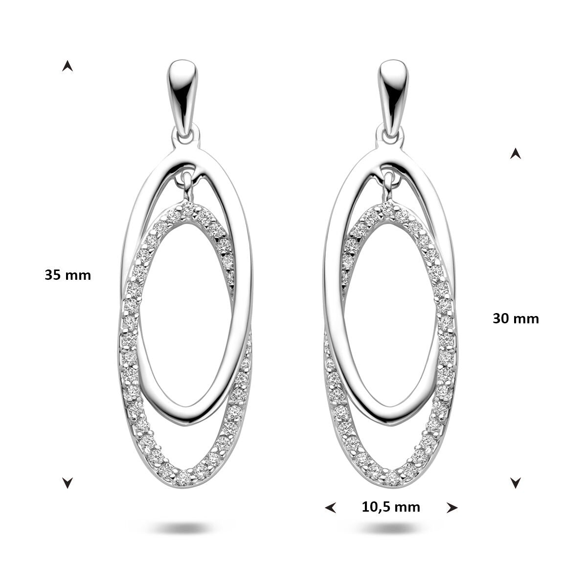 Pendientes de plata con circonitas - diseño ovalado rodiado 35 mm