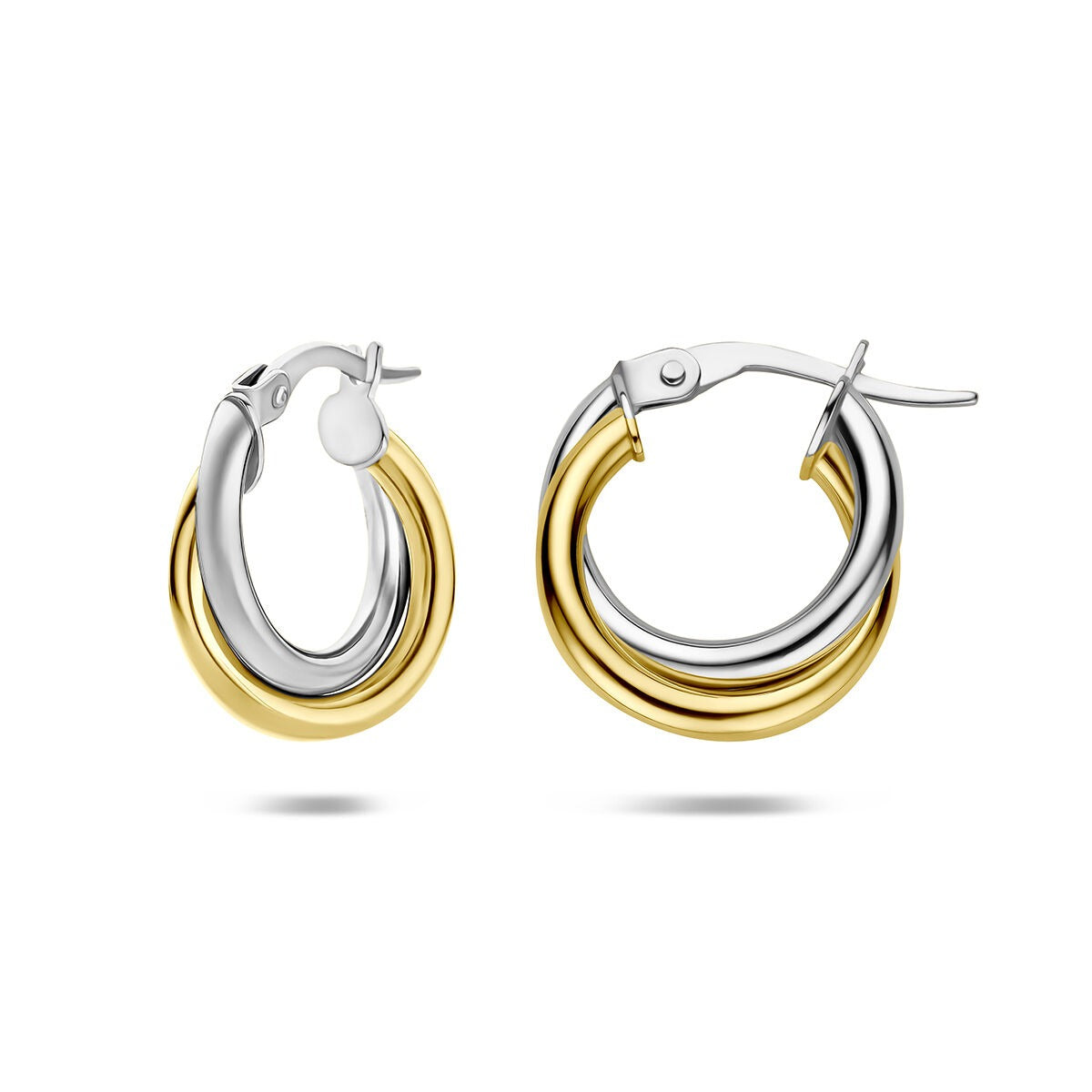 Aros bicolor de 14k, con una parte dorada y otra plateada, de 4 mm, con cierre de bisagra.