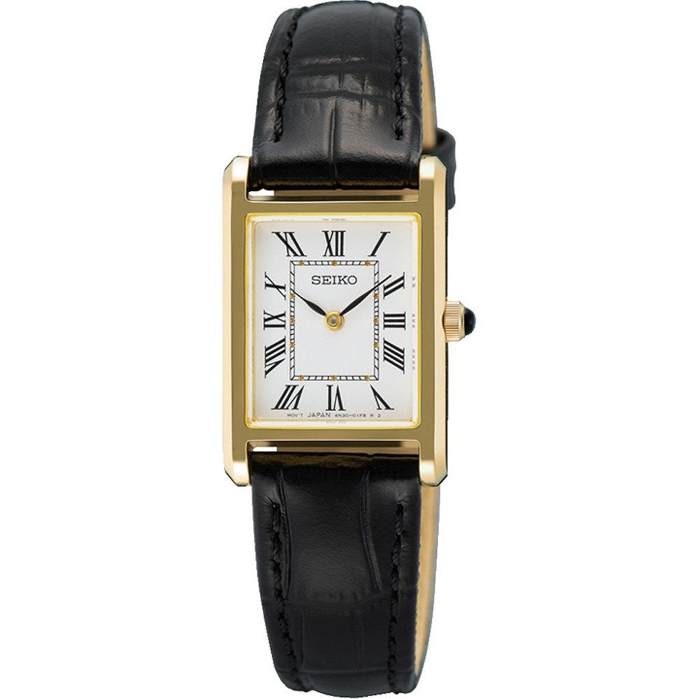 Reloj rectangular dorado con esfera blanca, números romanos y correa de piel negra.