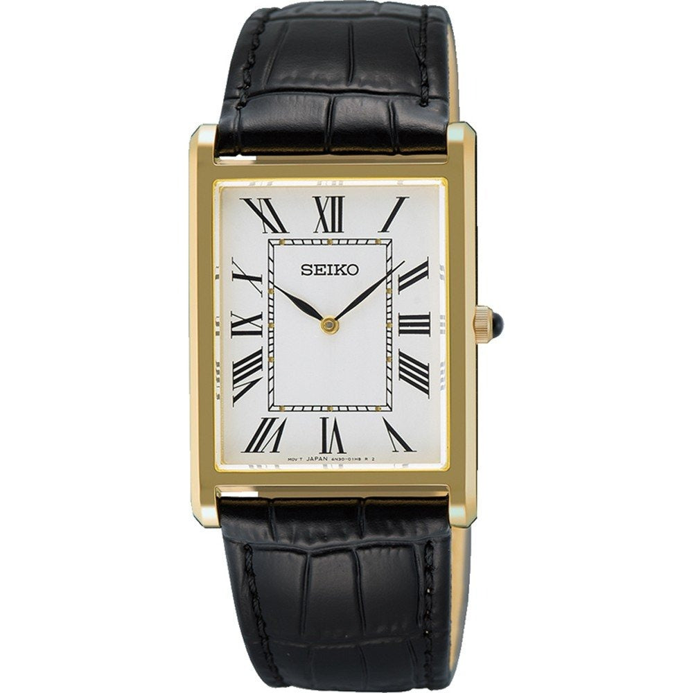 Reloj rectangular de Seiko con esfera blanca, números romanos y correa de cuero negra.